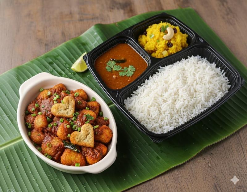 Boiled rice + Rasam + Pineapple kesari + Dilwale babycorn 