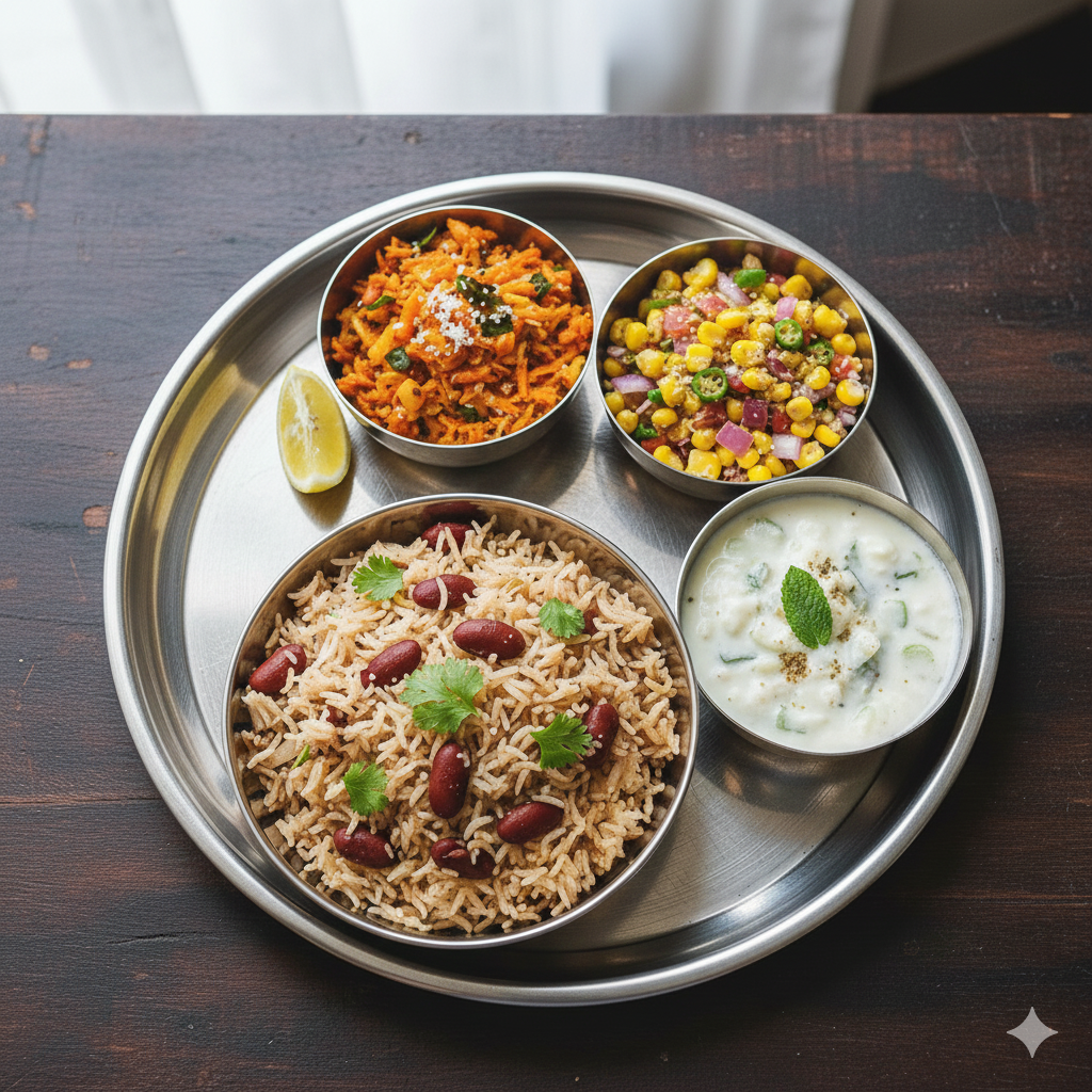 Rajma Pulao + Carrot cabbage poriyal + Sweet corn chat and Raita