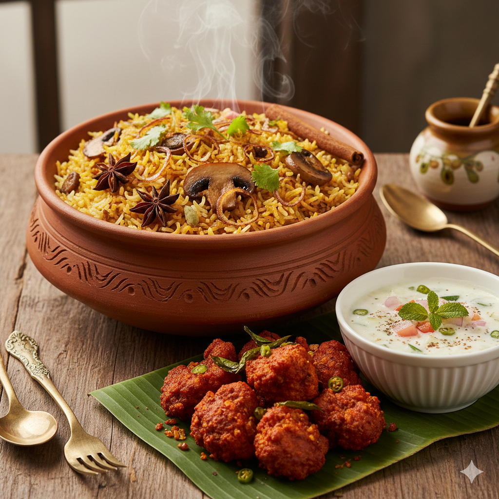 Mushroom briyani + Gobi 65 and Raita