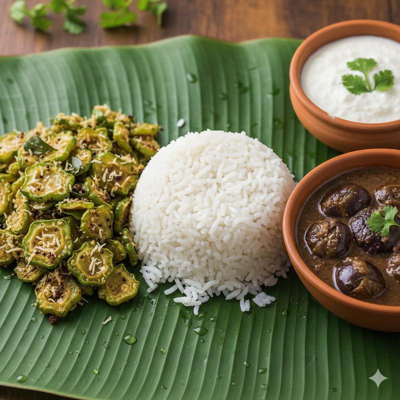 Boiled Rice + Kovakai poriyal + Ennai Kathirikai puli kolambu + Curd