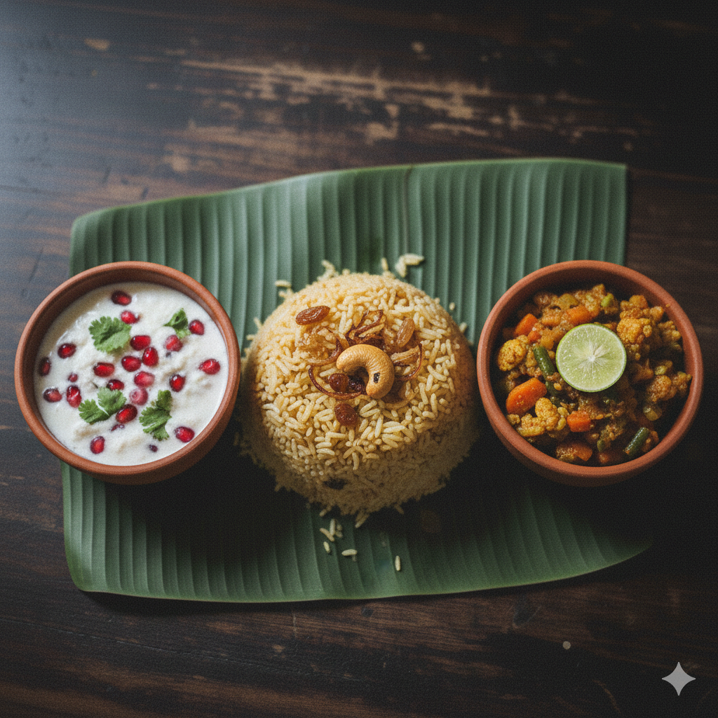 Ghee Rice (Kerala Style) + Mixed Veg Sabzi and Pomegrante Raita