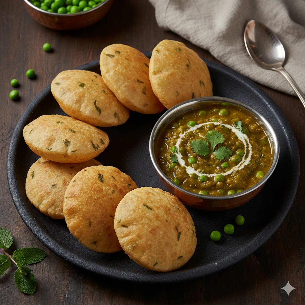 Methi Poori + Green peas Masala