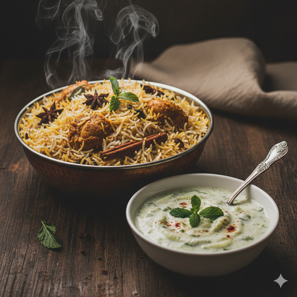 Jeera samba chicken biryani + Cucumber Raita
