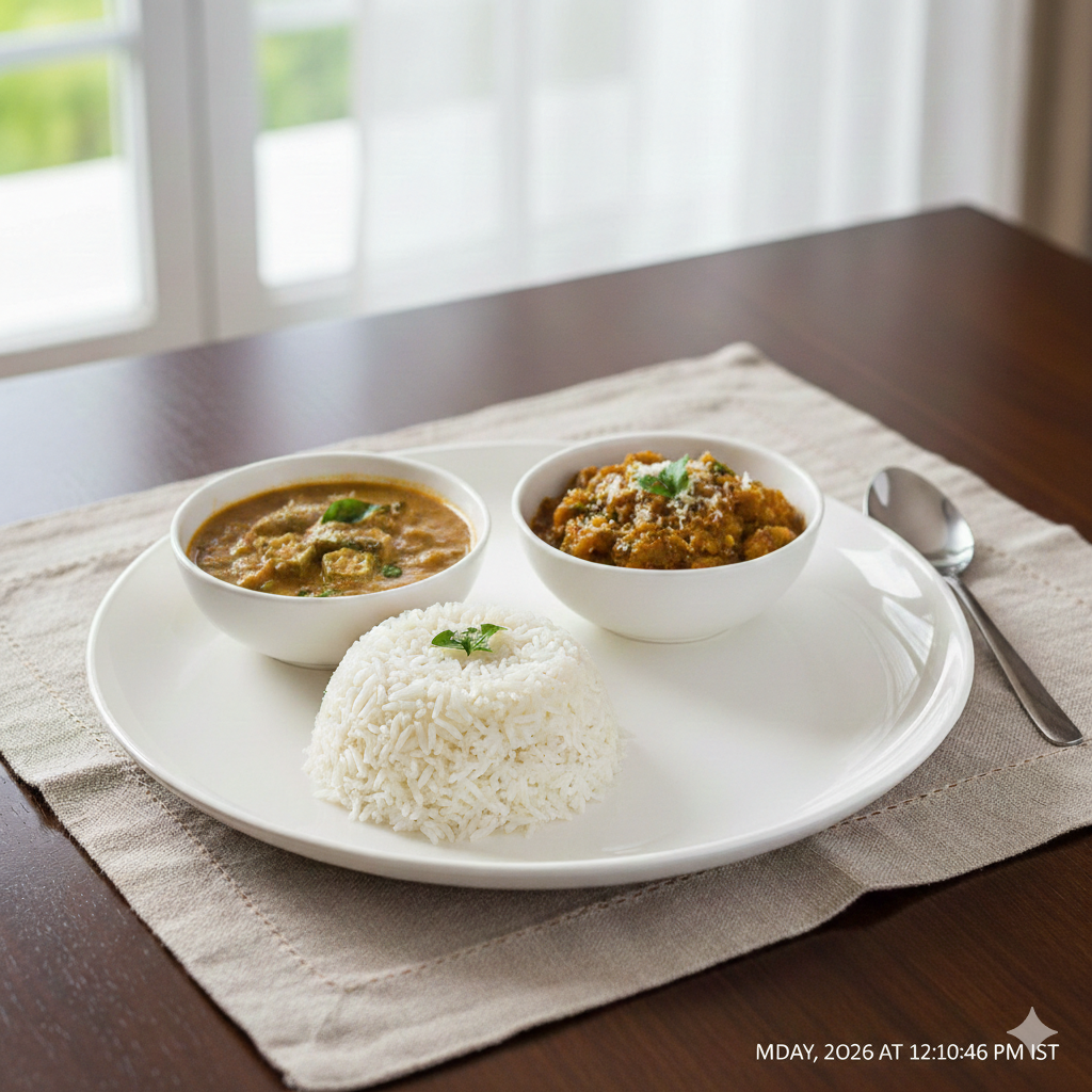 Boiled Rice + Variety Chicken Gravy + vazhathandu kootu