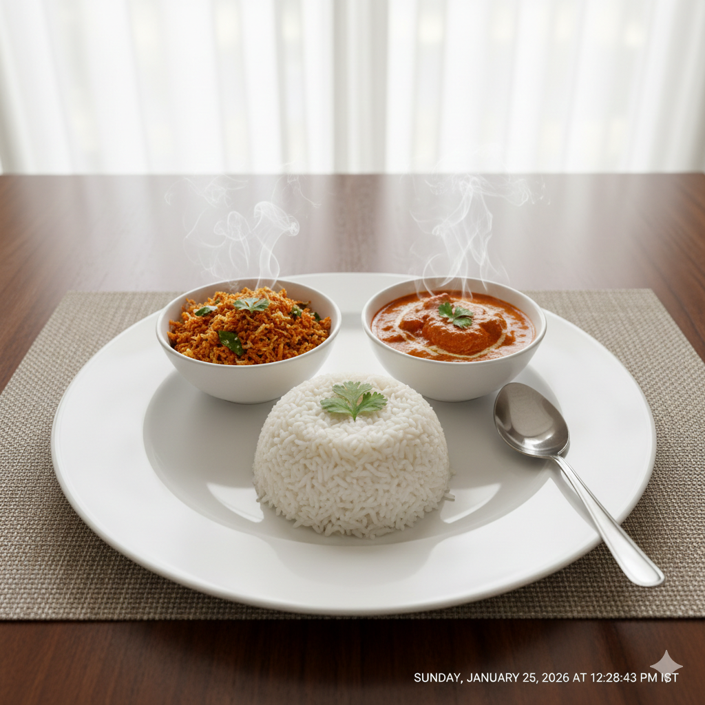 Boiled Rice + Carrot Thoran + Butter chicken Masala