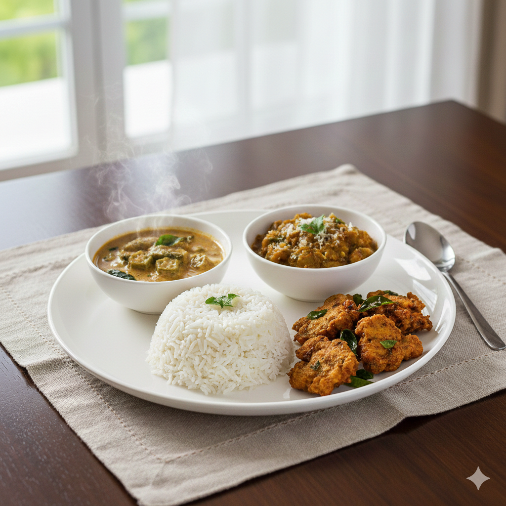 Boiled Rice + Ladysfinger Moorkuzhambu + Ridge Guard Kootu and Gobi 65