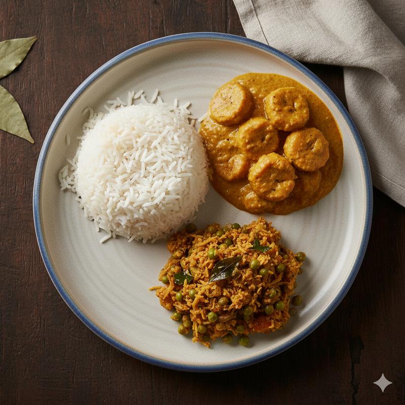 Boiled Rice + Gadi + Soya Chunks Fry + Bottle guard kootu