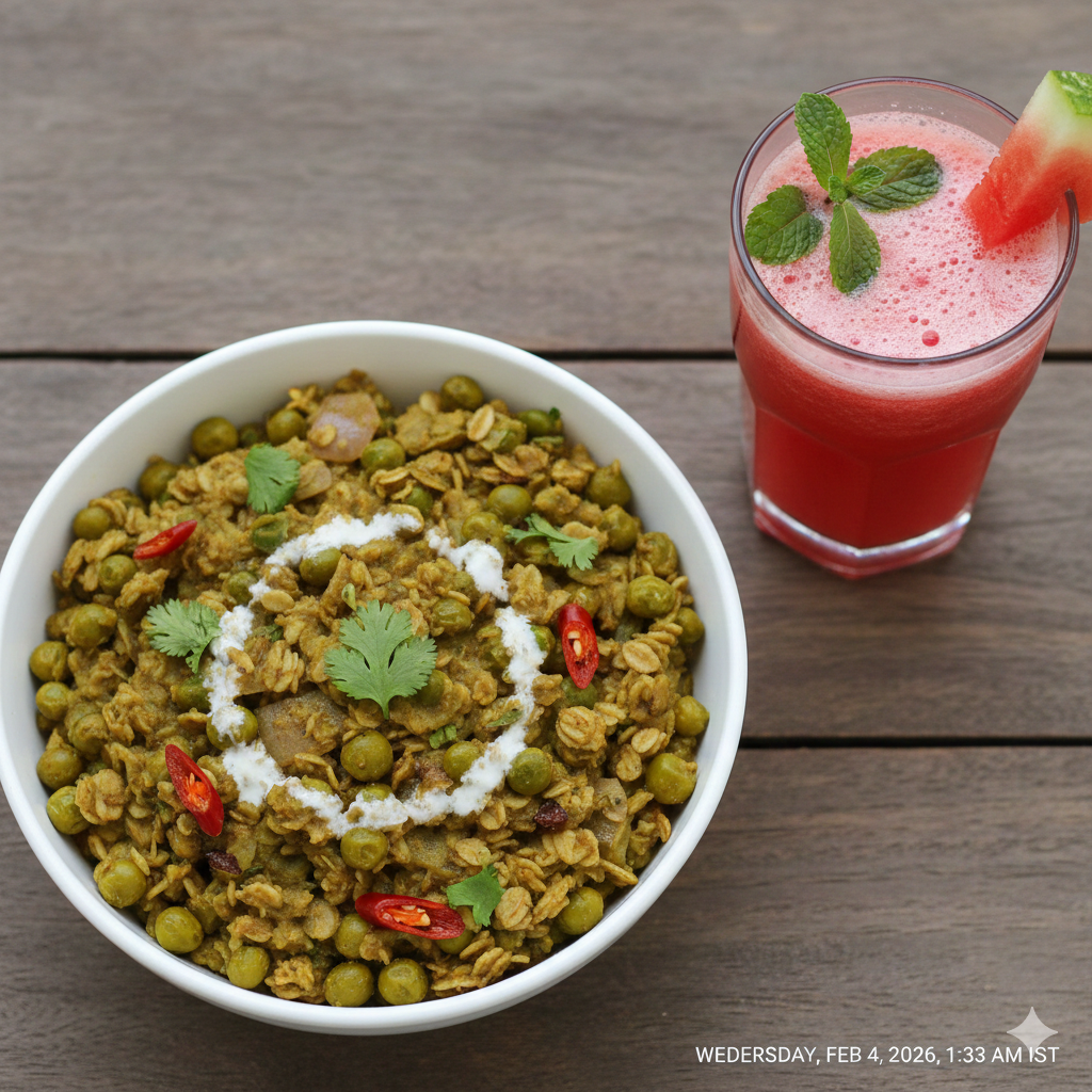 Green peas masala oats + Watermelon Juice