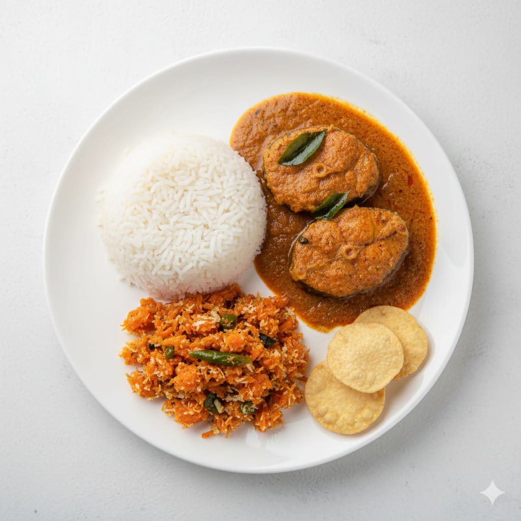 Boil rice + Angamaly fish curry + Carrot thoran and Fryums
