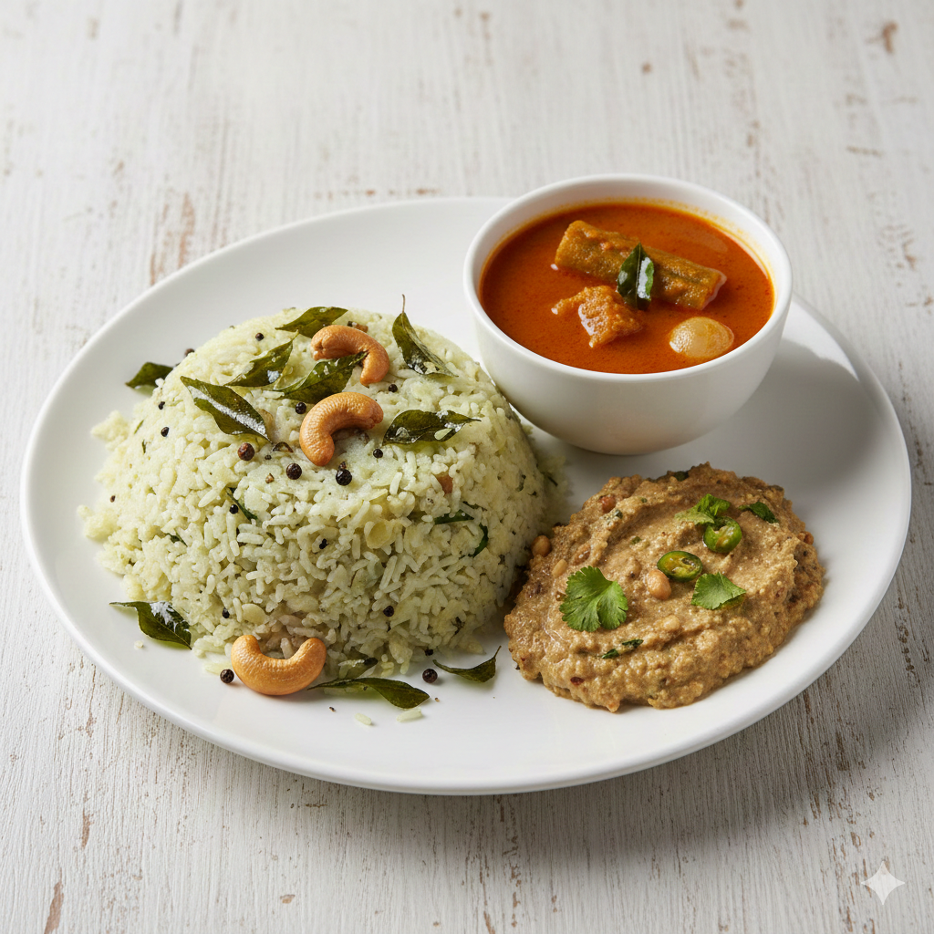 Curry leaf Pongal + Breakfast Sambar + Peanut Chutney