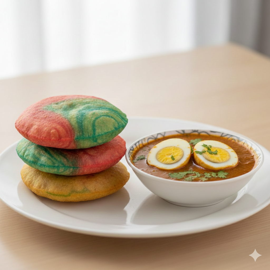 Rainbow Poori + Egg Dum Curry