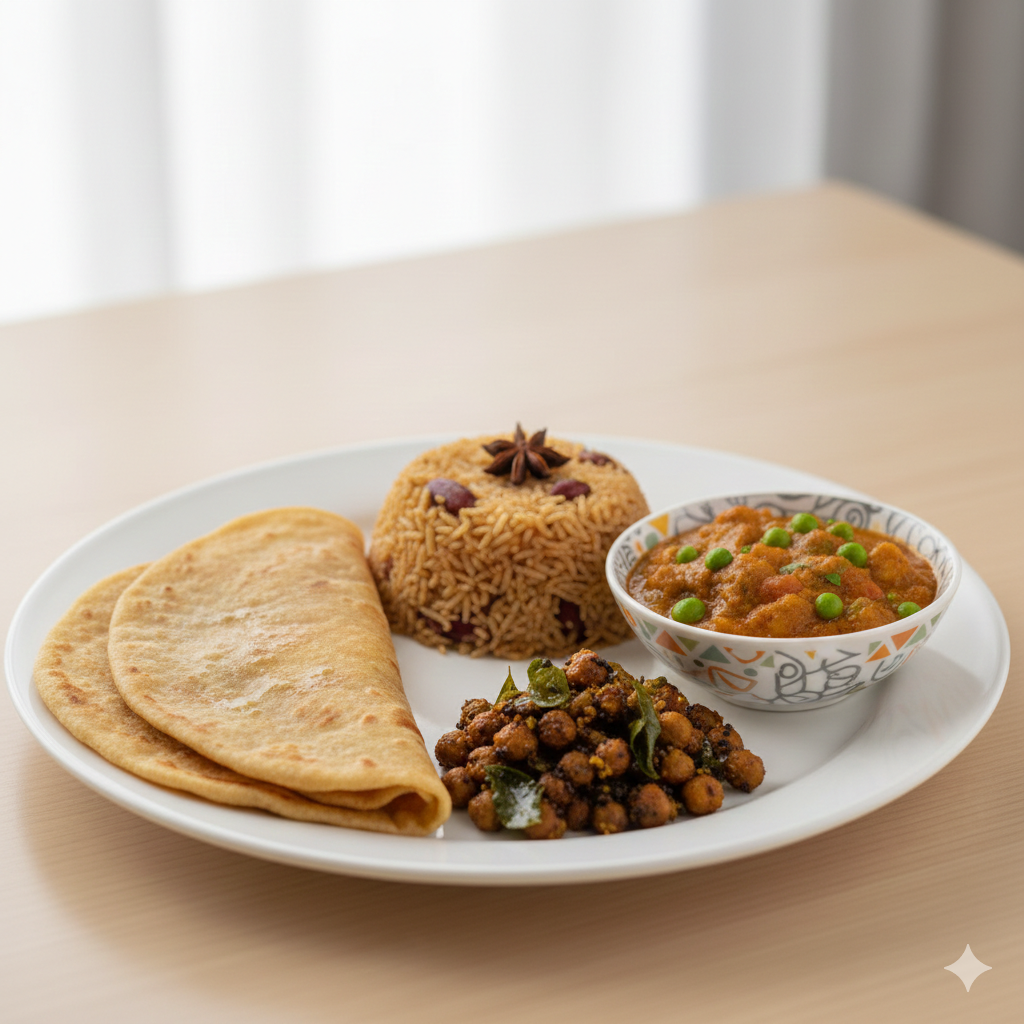 Chapathi + Rajma Pulao + Black channa roast + Aloo Matar Masala