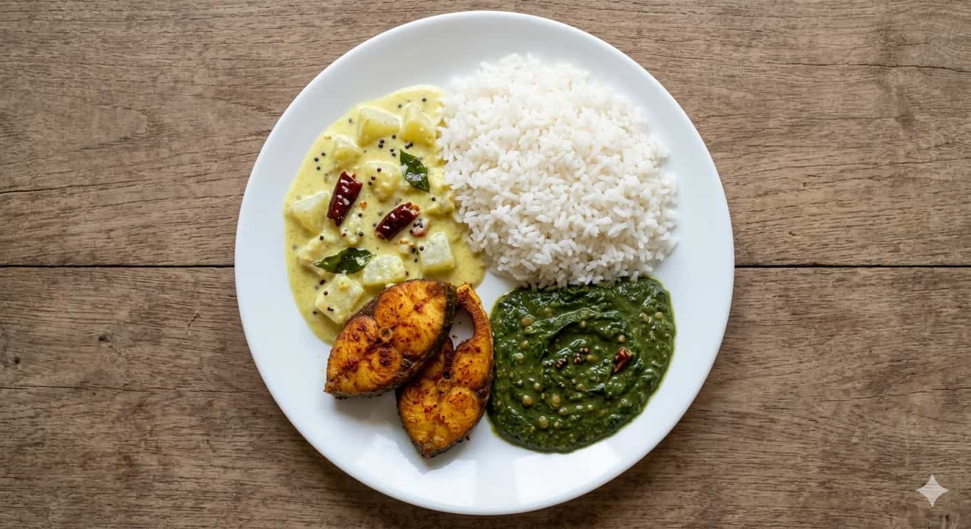 Rice + Morkolambu + Fish Fry + Keerai Masiyal