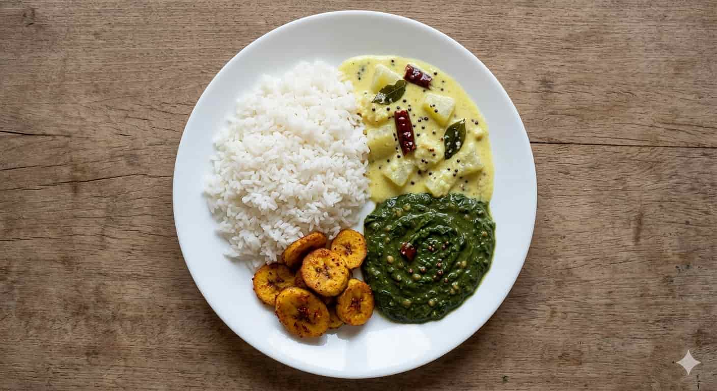 Rice + Morkolambu + Vaazhakai Fry + Keerai Masiyal