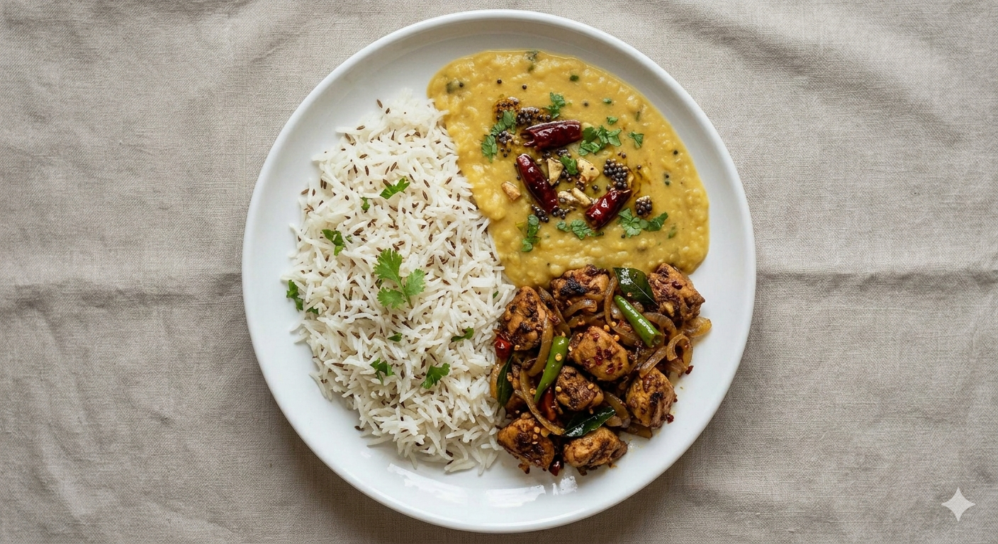 Jeera Rice + Dal Tadka + Chicken Pallipalayam