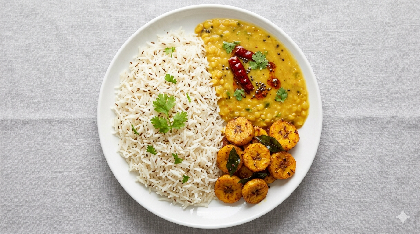 Jeera Rice + Dal Tadka + Vaazhakai Fry