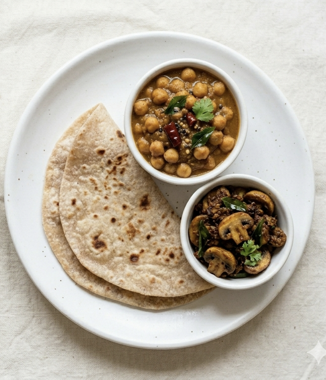 Chapathi + Channa Masala + mushroom Chukka