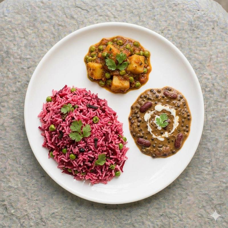 Beetroot pulao + Dal Makhani + Aloo Matar Masala
