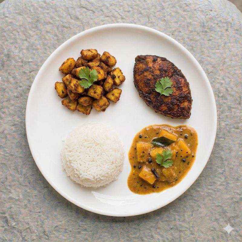 Rice + Angamaly Mango Curry + Goan Fish Fry + vazhalaka poriyal