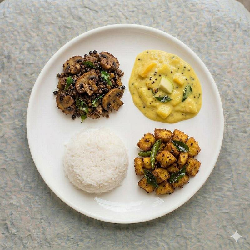 Rice + Angamaly Mango Curry + vazhalaka poriyal + Mushroom Pepper Dry