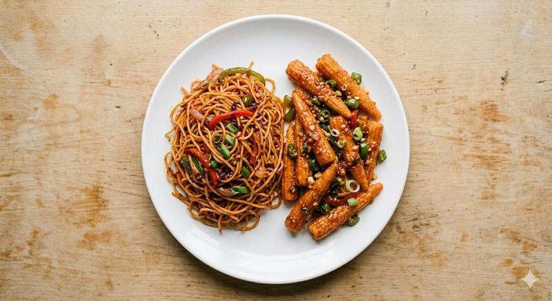 Schezwan Noodles + Chilli baby Corn