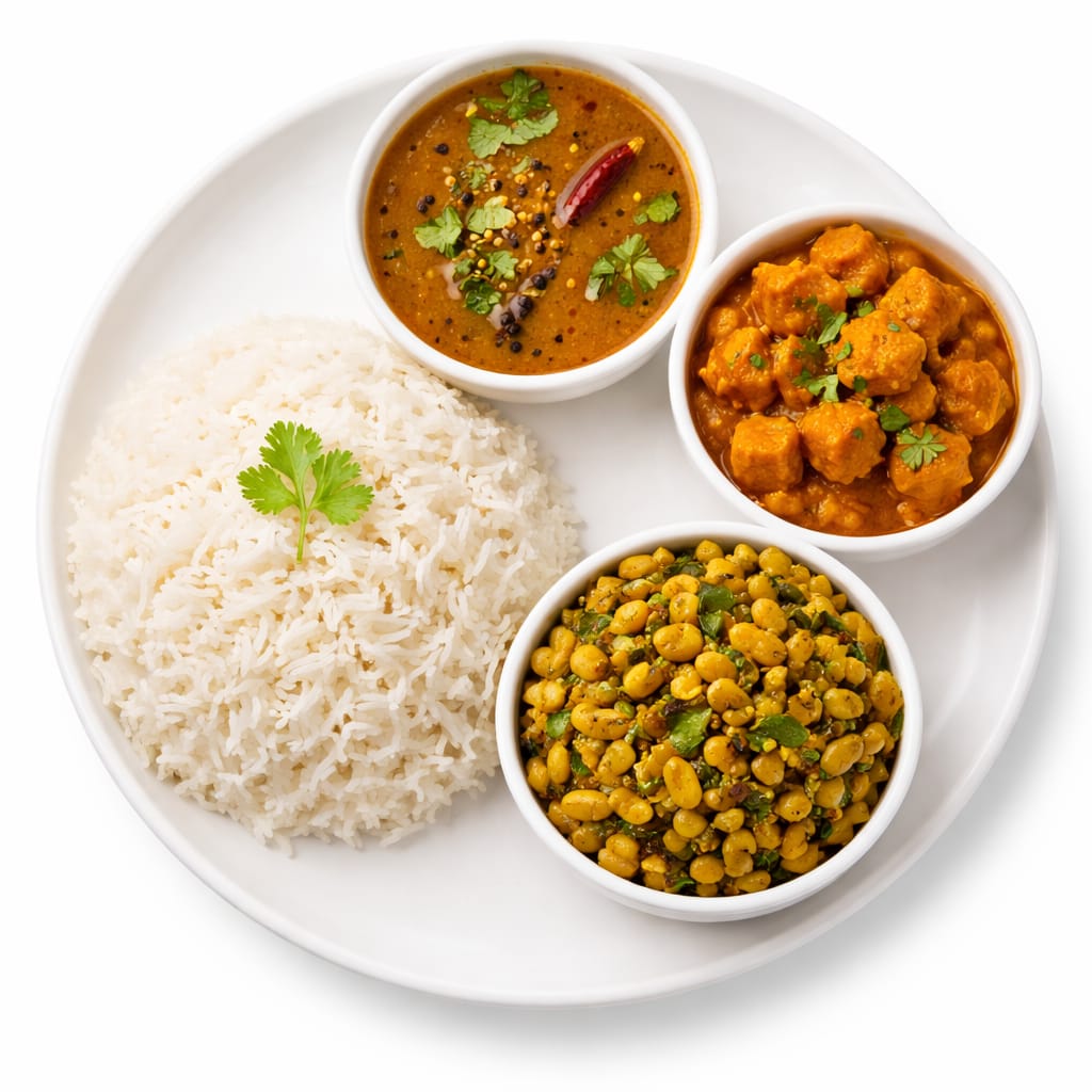 Rice + Pepper Rasam + Soya chunks gravy + Kothavarangai Poriyal