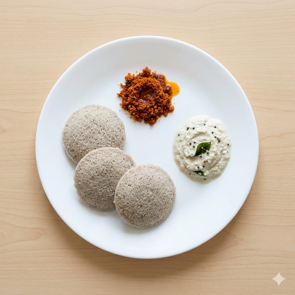 Millet Idly + Idly Podi + Coconut Chutney