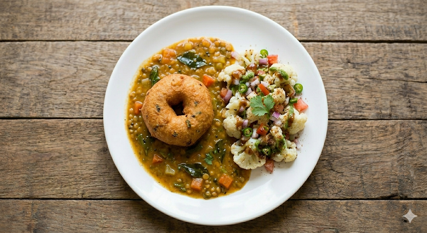 Sambar Vada + Chat steamed cauliflower