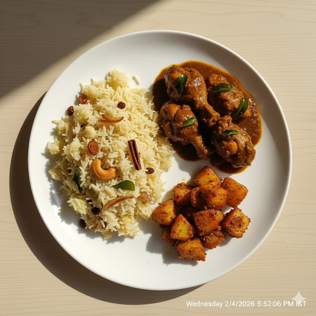 Ghee Rice (Kerala Style) + Chettinad Chicken curry + Mixed Veg Sabzi and Pomegranate raita