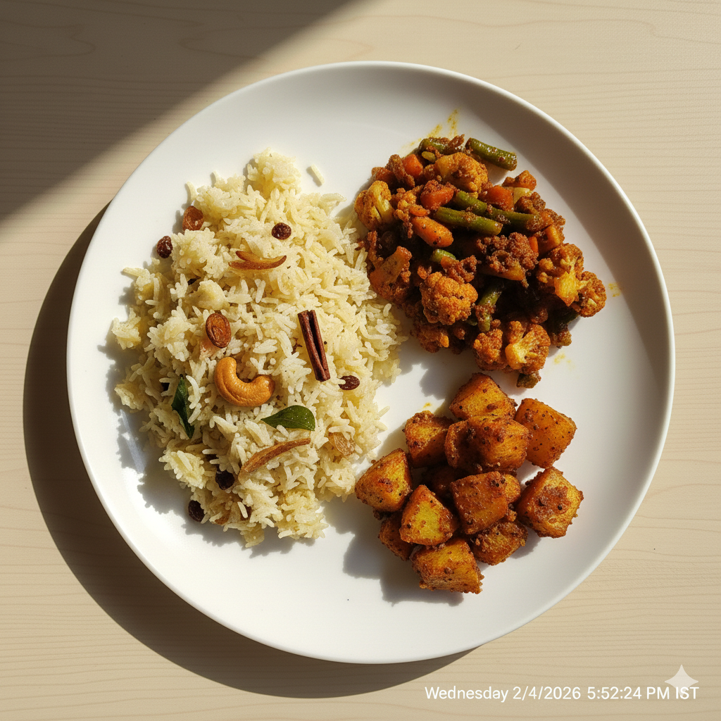 Ghee Rice (Kerala Style) + Mixed Veg Oil Roast + Aloo katta fry