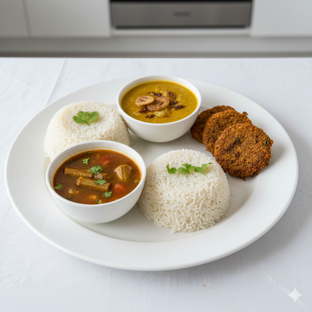 Jeera Rice + Dal Tadka + Drumstick soup + Yam Chops