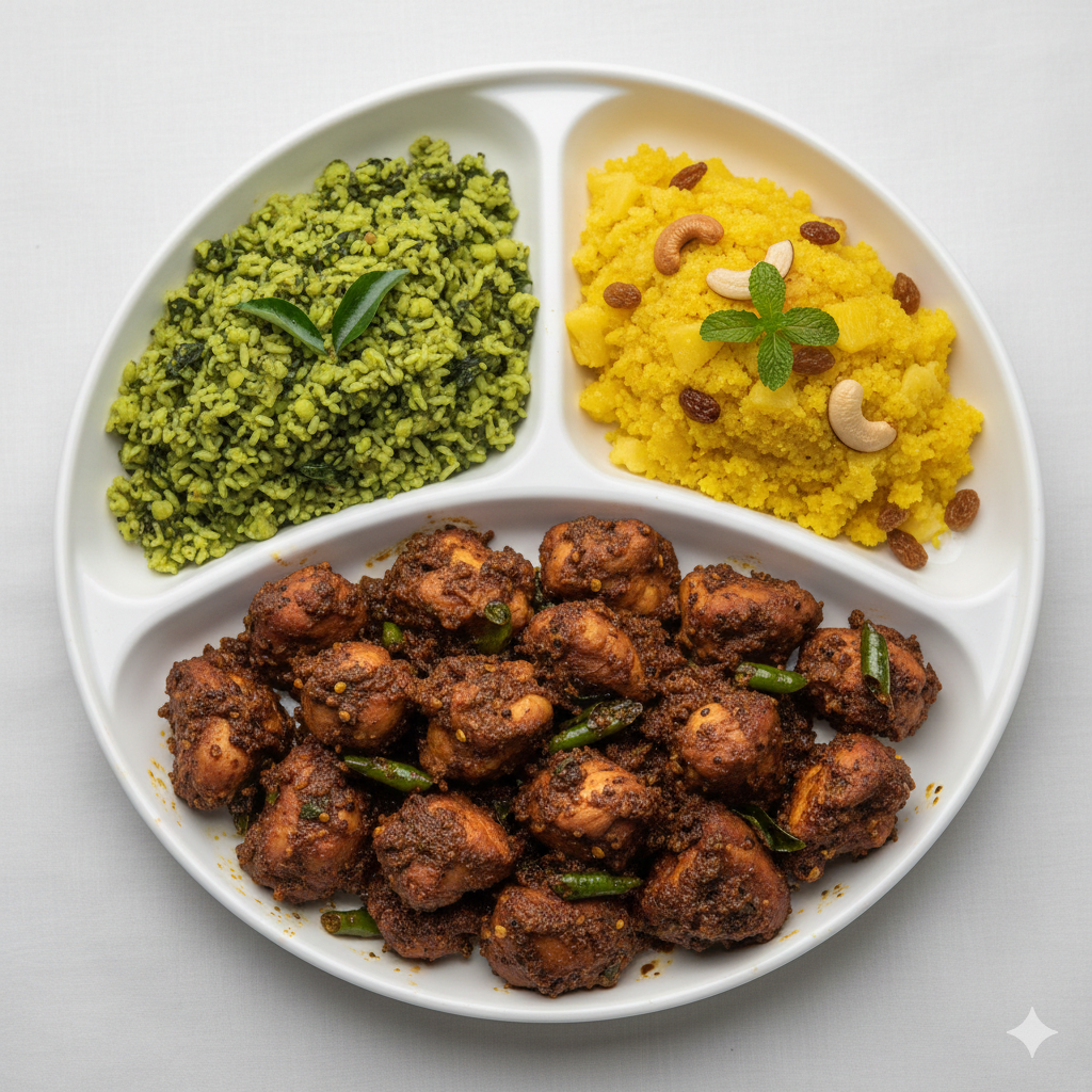 Keerai paruppu sadham + Chicken Pepper fry + Pineapple kesari