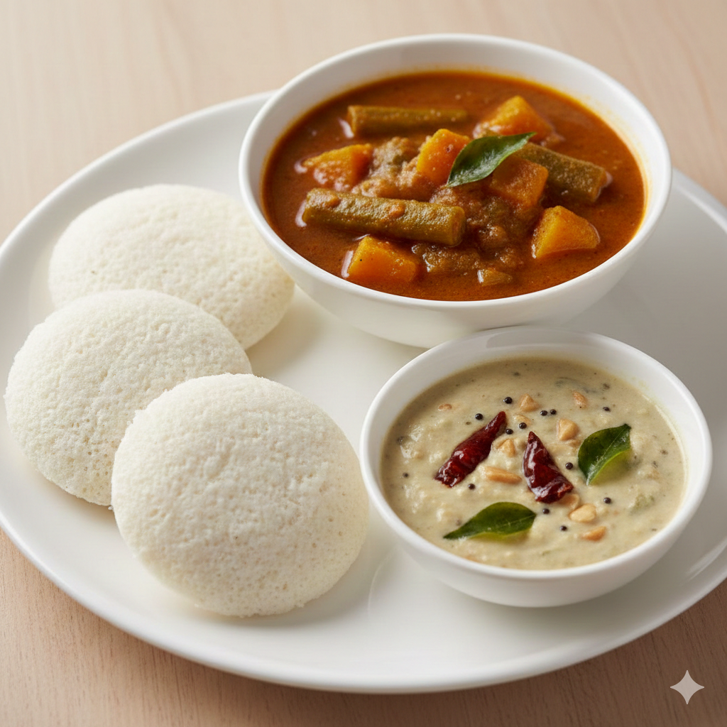 Idly + Breakfast Sambar + Peanut Chutney