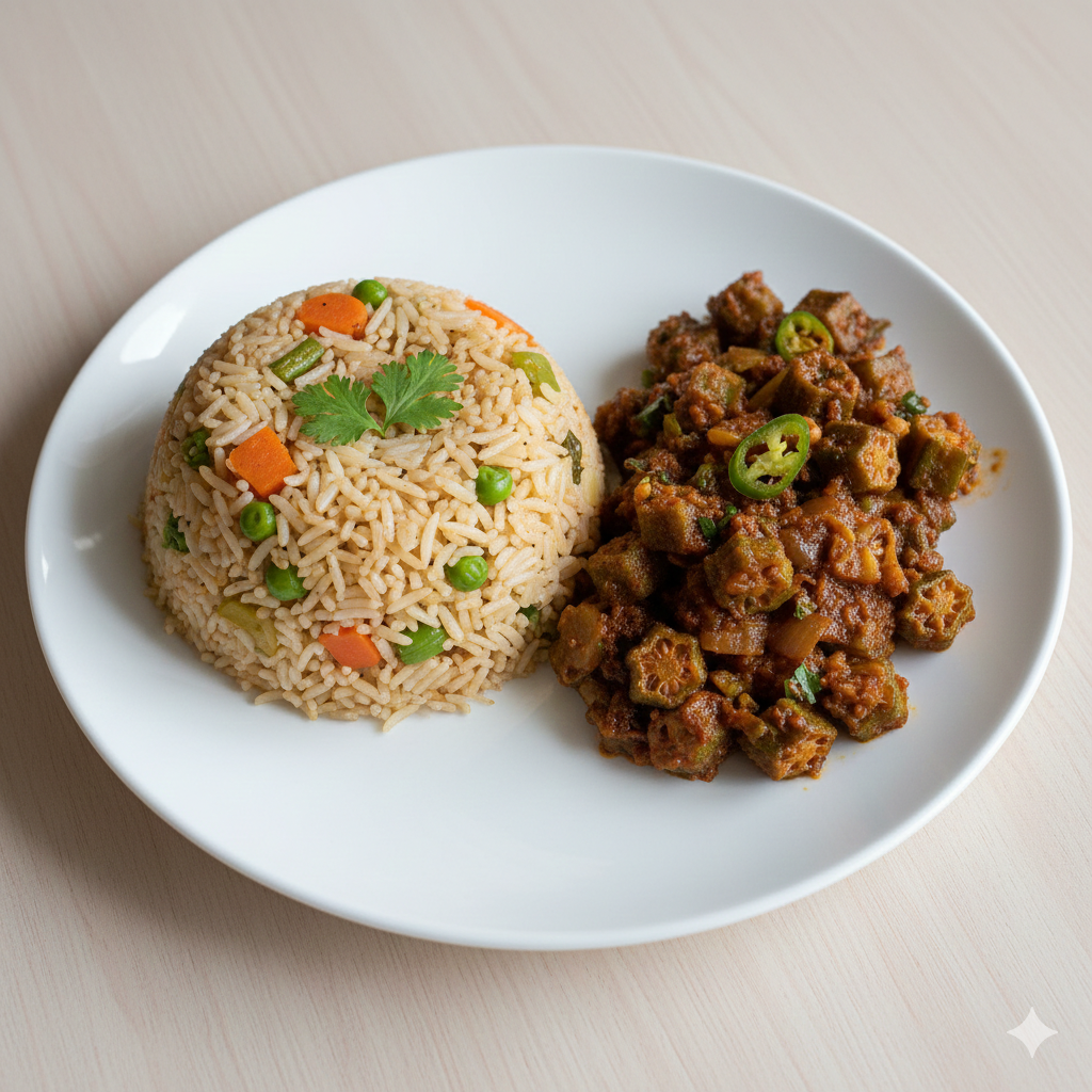 Vegetable Pulao + Bhindi Masala