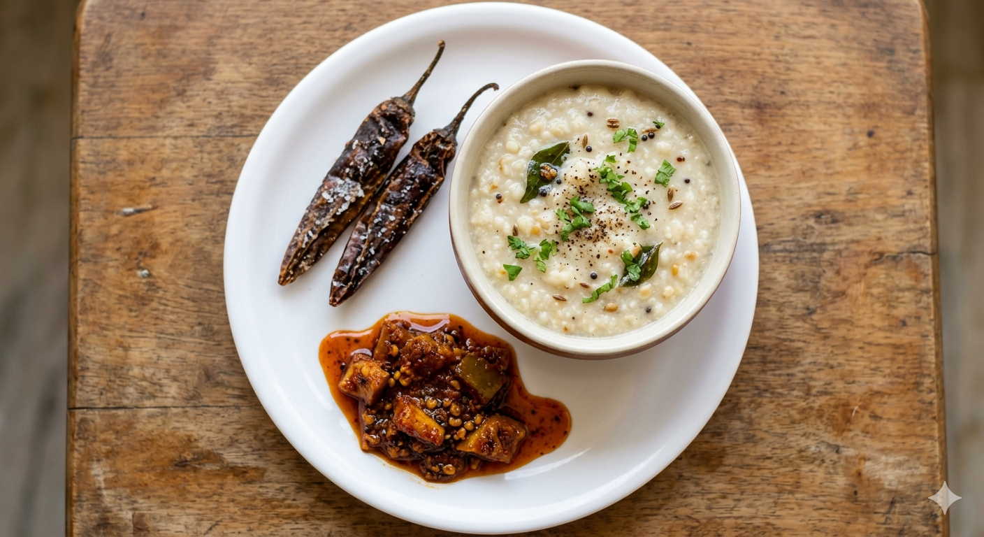 Urad dal kanji + Mormilagai + Pickle