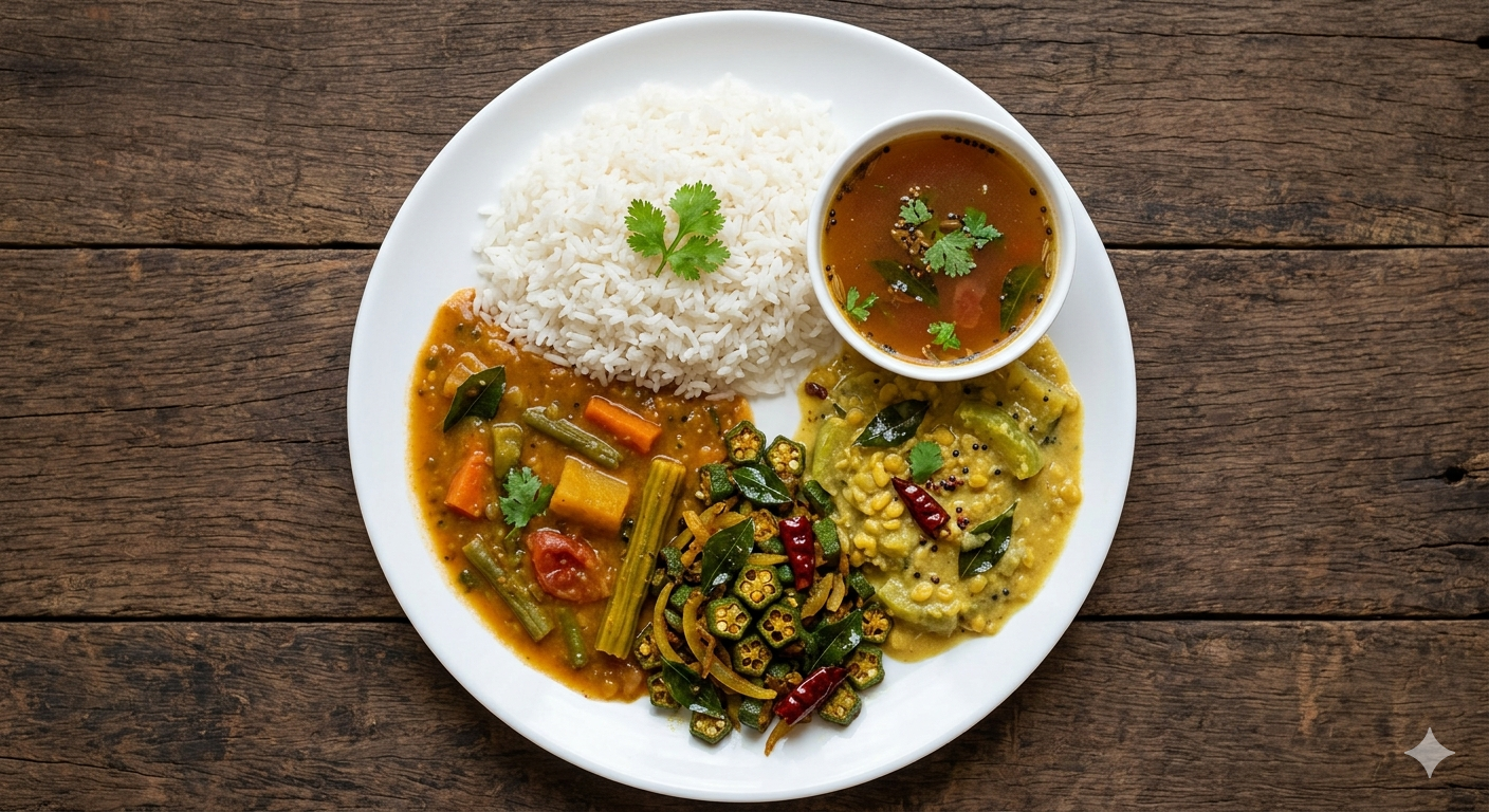 Rice + Rasam Rice + Kadamba Sambar + Sorakkai Kootu + Ladies Finger Fry