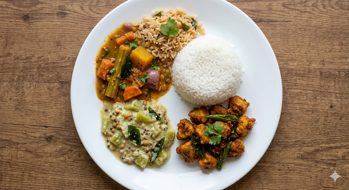 Rice + Rasam Rice + Kadamba Sambar + Sorakkai Kootu + Chicken 555