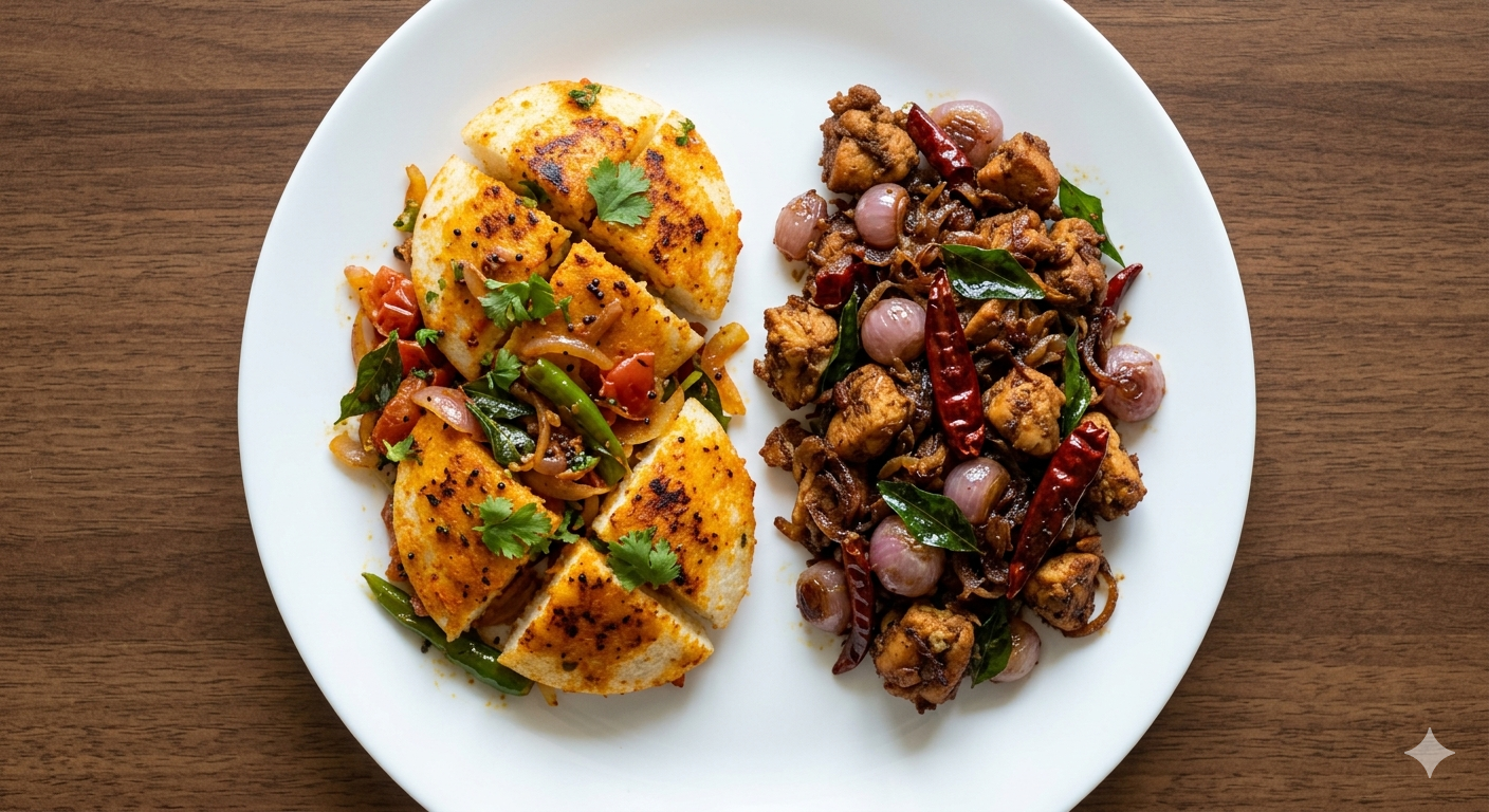 Masala Tawa Idly + chicken Pallipalayam