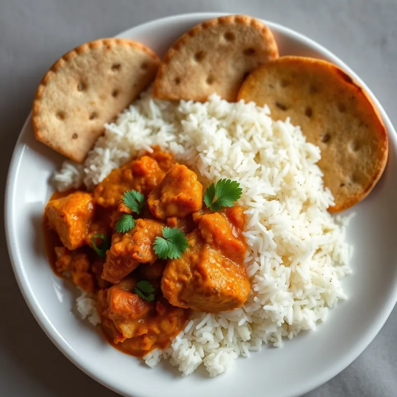 Ghee Rice (Kerala Style) + Kashmiri Chicken Curry + Sweet Potato + Masala Papadam