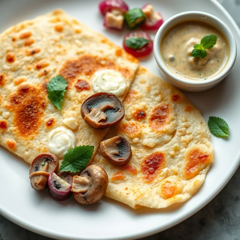 Cheese Mushroom Dosa + Radish Sambar + Mint Chutney
