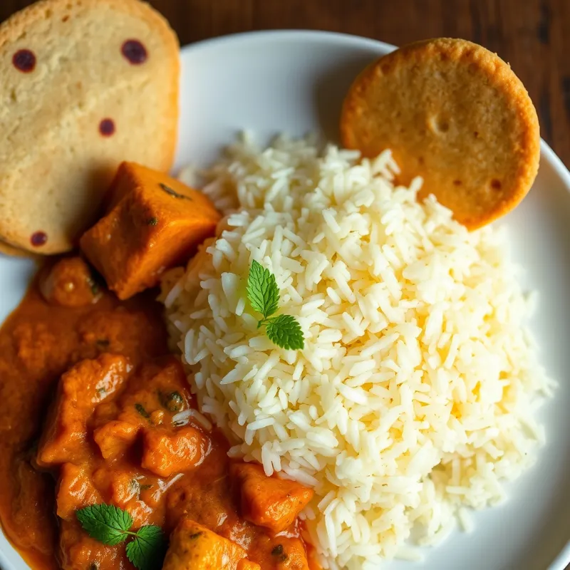 Ghee Rice (Kerala Style) + Kashmiri Paneer Curry + Sweet Potato + Masala Papadam